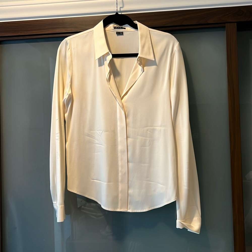 THEORY cream silk button-down blouse size L
